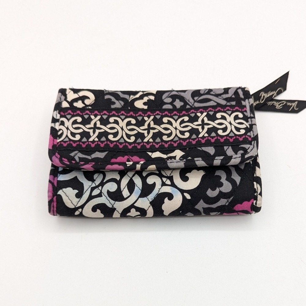 Vera Bradley Night and Day Quilted Cotton Trifold Wallet Black Pink Floral ID
